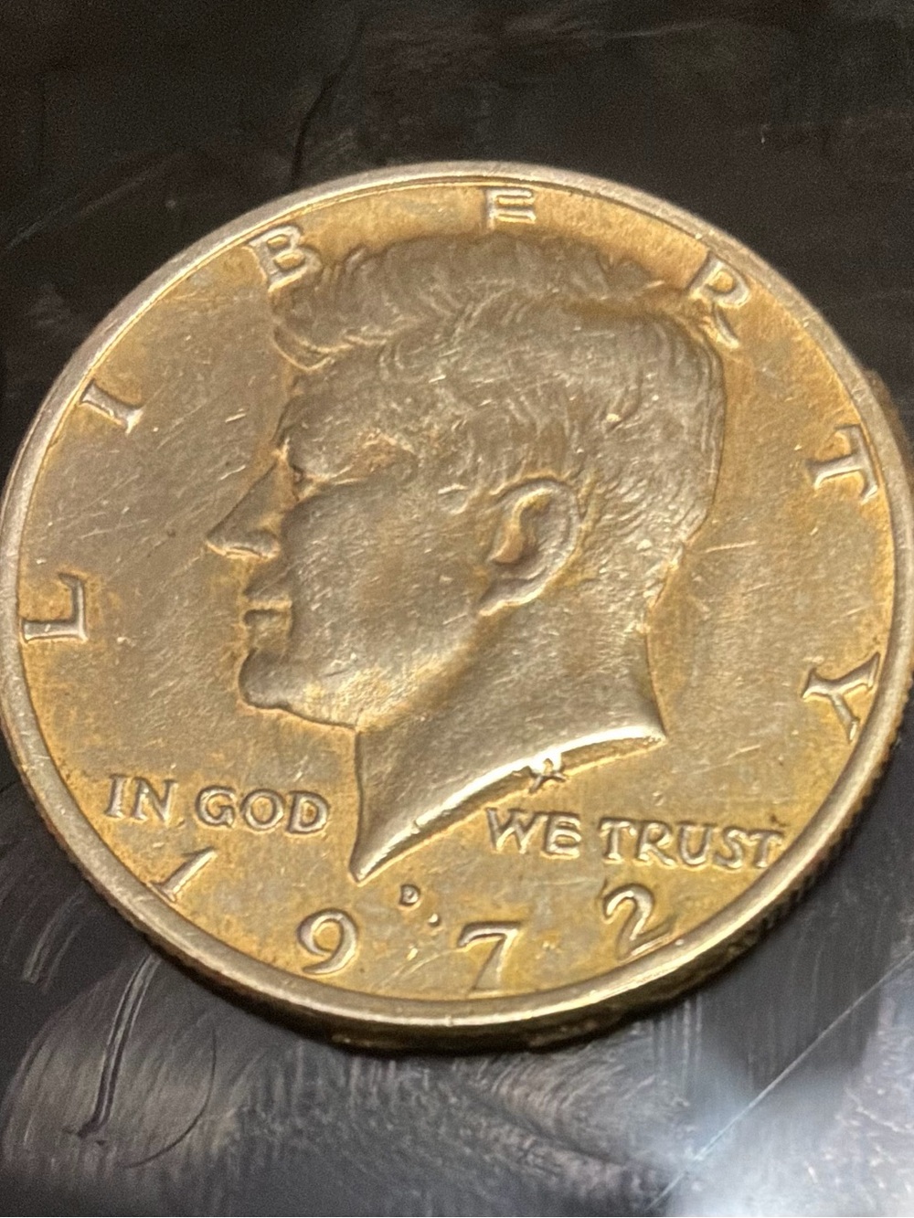 Vintage 1972 -D Kennedy Half Dollar Decorative Accent - Gold Tone
